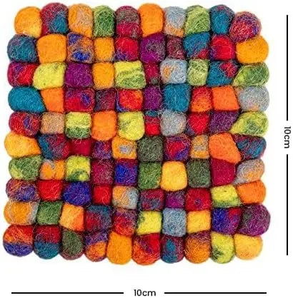 Square Felt Ball Coasters - 100% Merino Wool Table Coasters - Felt Coaster Pads, Absorbent Trivet for Drinks - Heat Resistant, Thick & Durable Hand Felted in Nepal by Woolygon- Multicolor - Set of 5 Woolygon