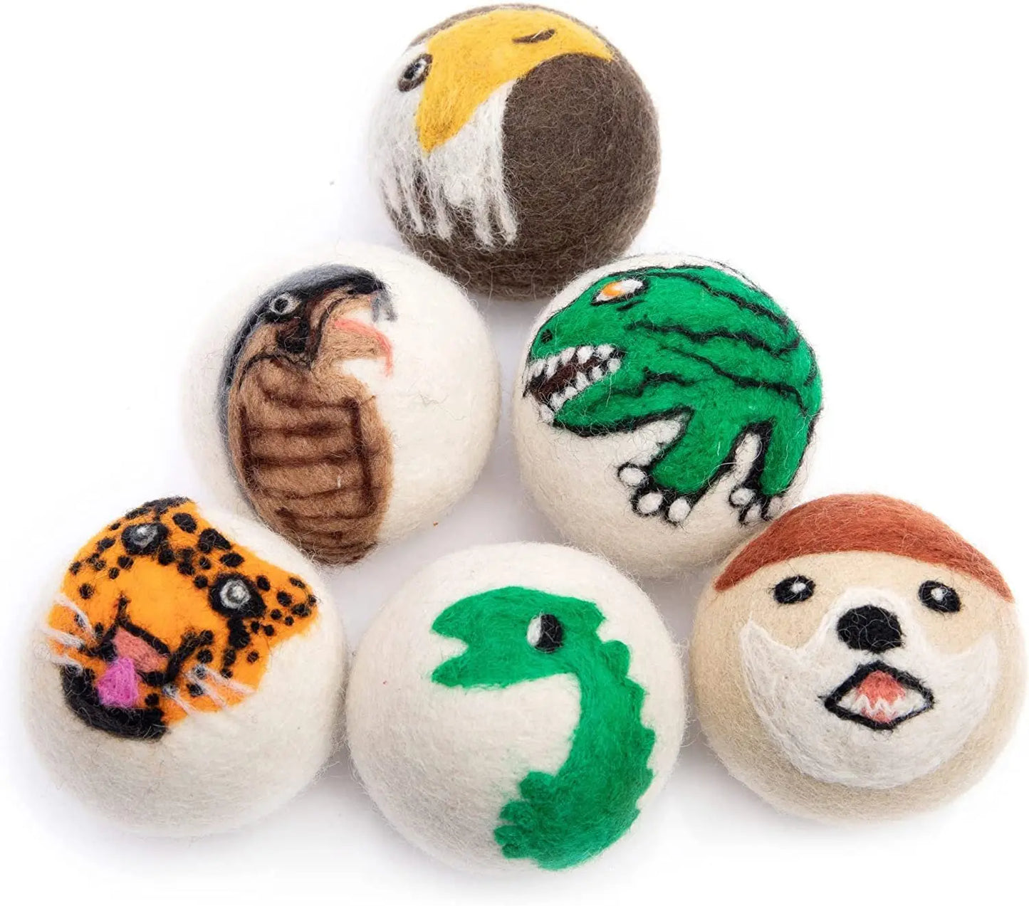 Woolygon Wool Dryer Balls - Animal Face Printed Reusable Organic Fabric Softener Balls, Handmade Fair Trade No Lint Extra Large Laundry Balls, Reduces Clothing Wrinkles Best for Cloth Drying - 6 Pack Woolygon