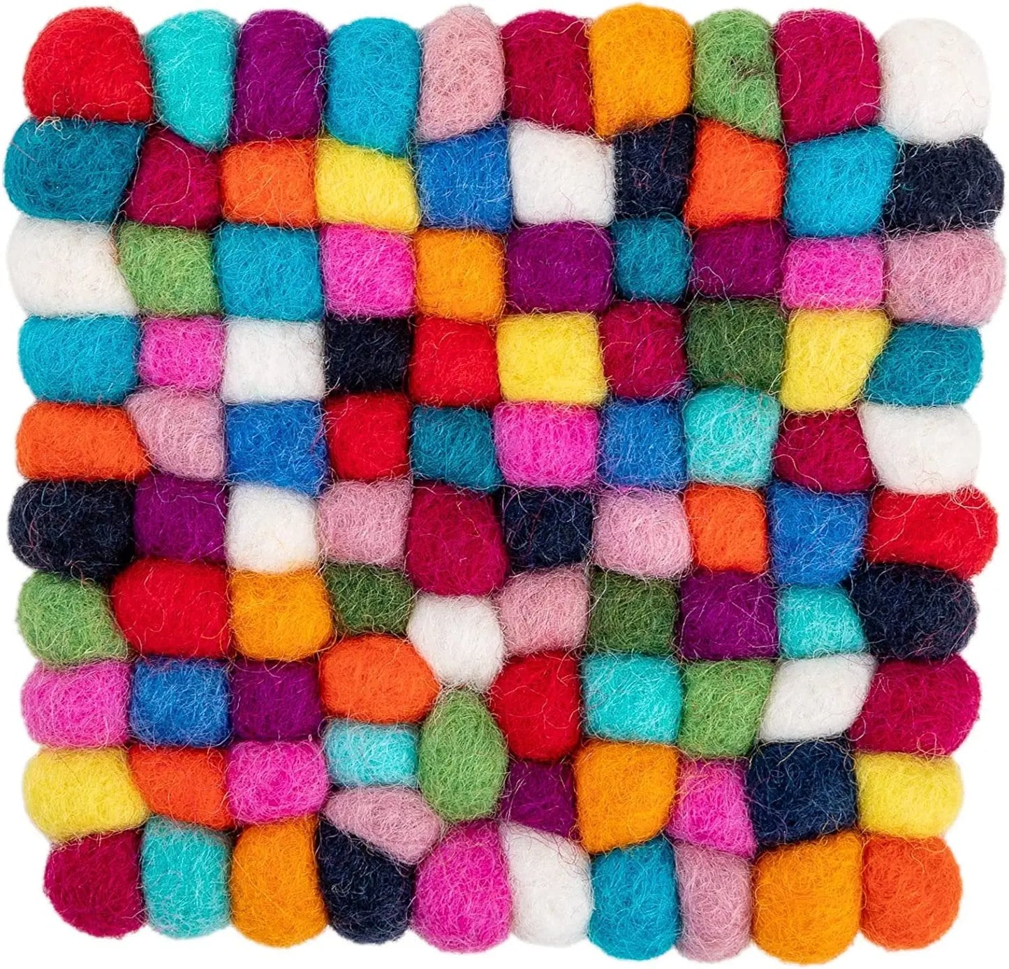 Square Felt Ball Coasters - 100% Merino Wool Table Coasters - Felt Coaster Pads, Absorbent Trivet for Drinks - Heat Resistant, Thick & Durable Hand Felted in Nepal by Woolygon- Multicolor - Set of 5 Woolygon