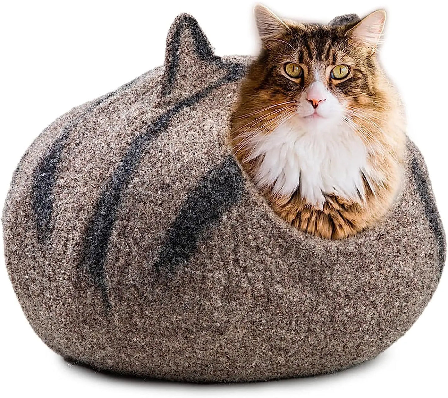 Woolygon Wool Cat Cave Bed - Handcrafted 100% Merino Wool, Eco-Friendly Felt Cat Cave for Indoor Cats and Kittens (Tabby Ears) Woolygon