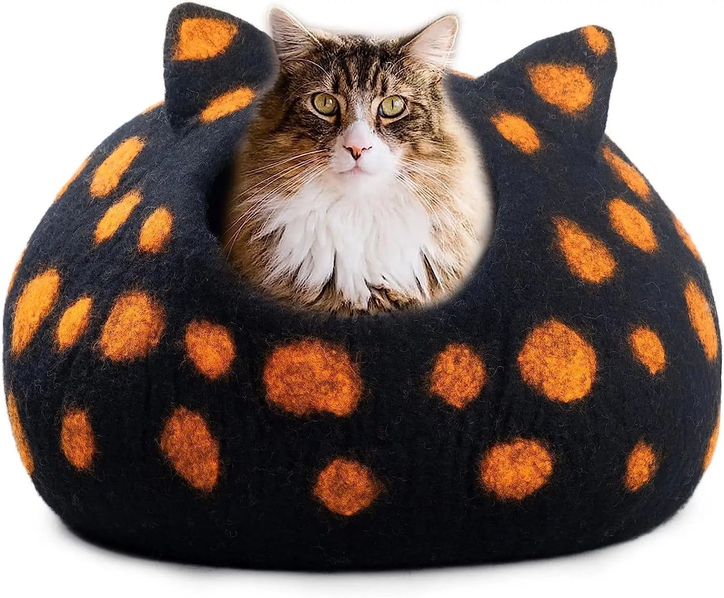 Woolygon Wool Cat Cave Bed - Handcrafted 100% Merino Wool, Eco-Friendly Felt Cat Cave for Indoor Cats and Kittens (Tabby Ears) Woolygon