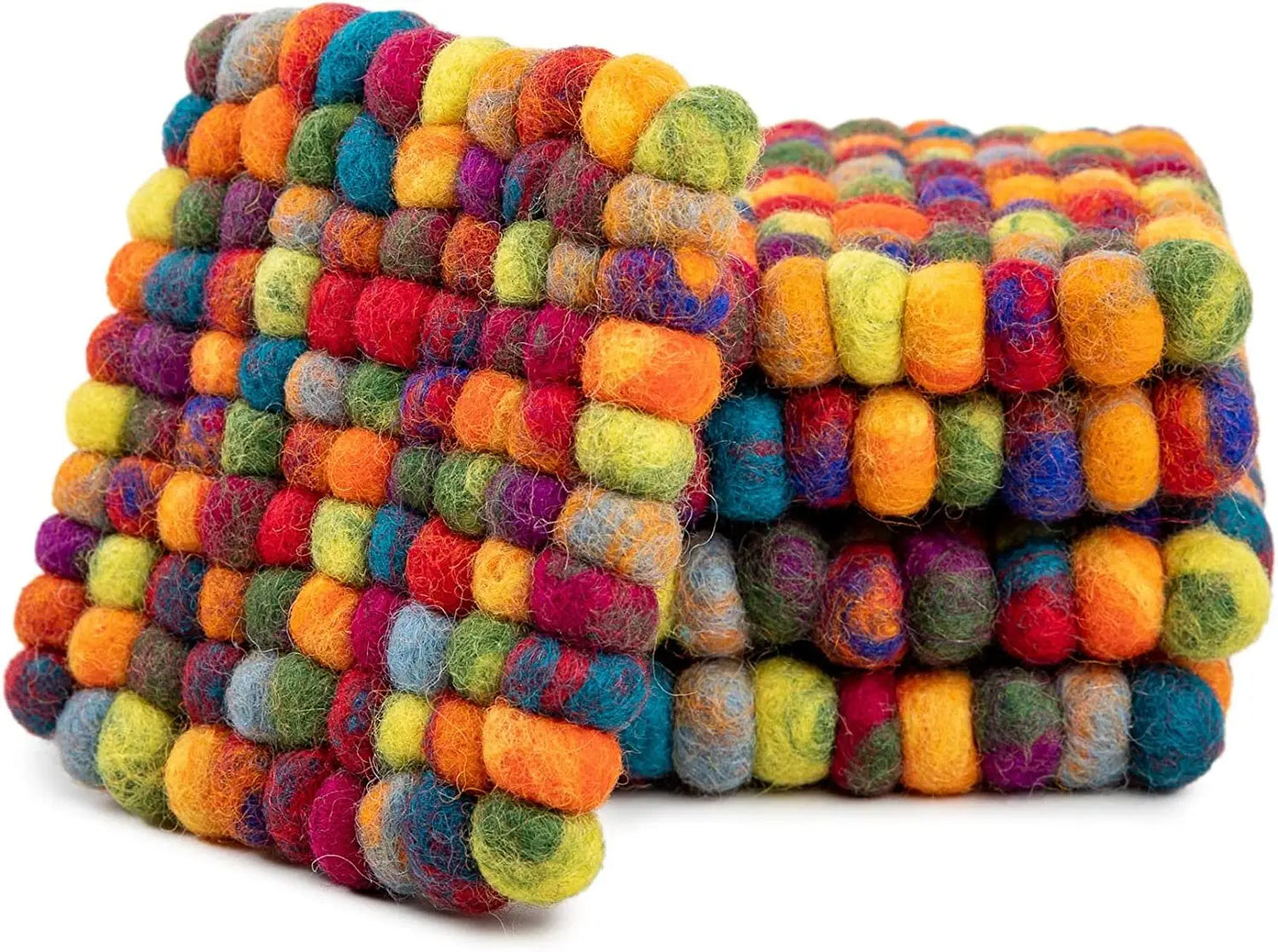 Square Felt Ball Coasters - 100% Merino Wool Table Coasters - Felt Coaster Pads, Absorbent Trivet for Drinks - Heat Resistant, Thick & Durable Hand Felted in Nepal by Woolygon- Multicolor - Set of 5 Woolygon