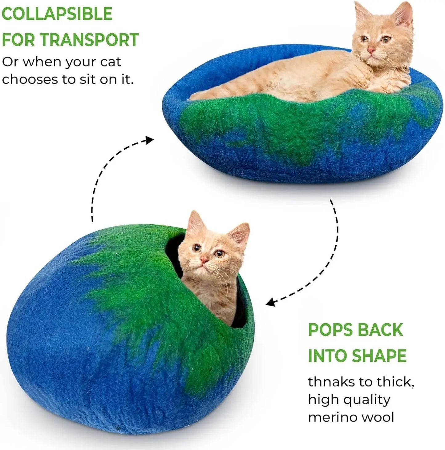 Handmade Wool Cat Cave Bed – Cozy Felt Cat House for Pets – Eco-Friendly Kitty Hideaway Woolygon