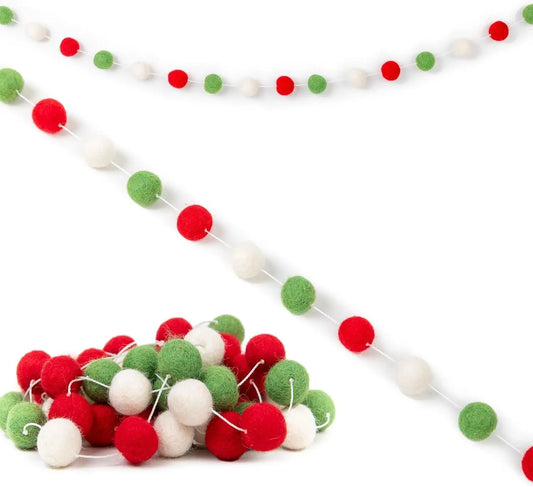 A colorful garland strung with felt balls.