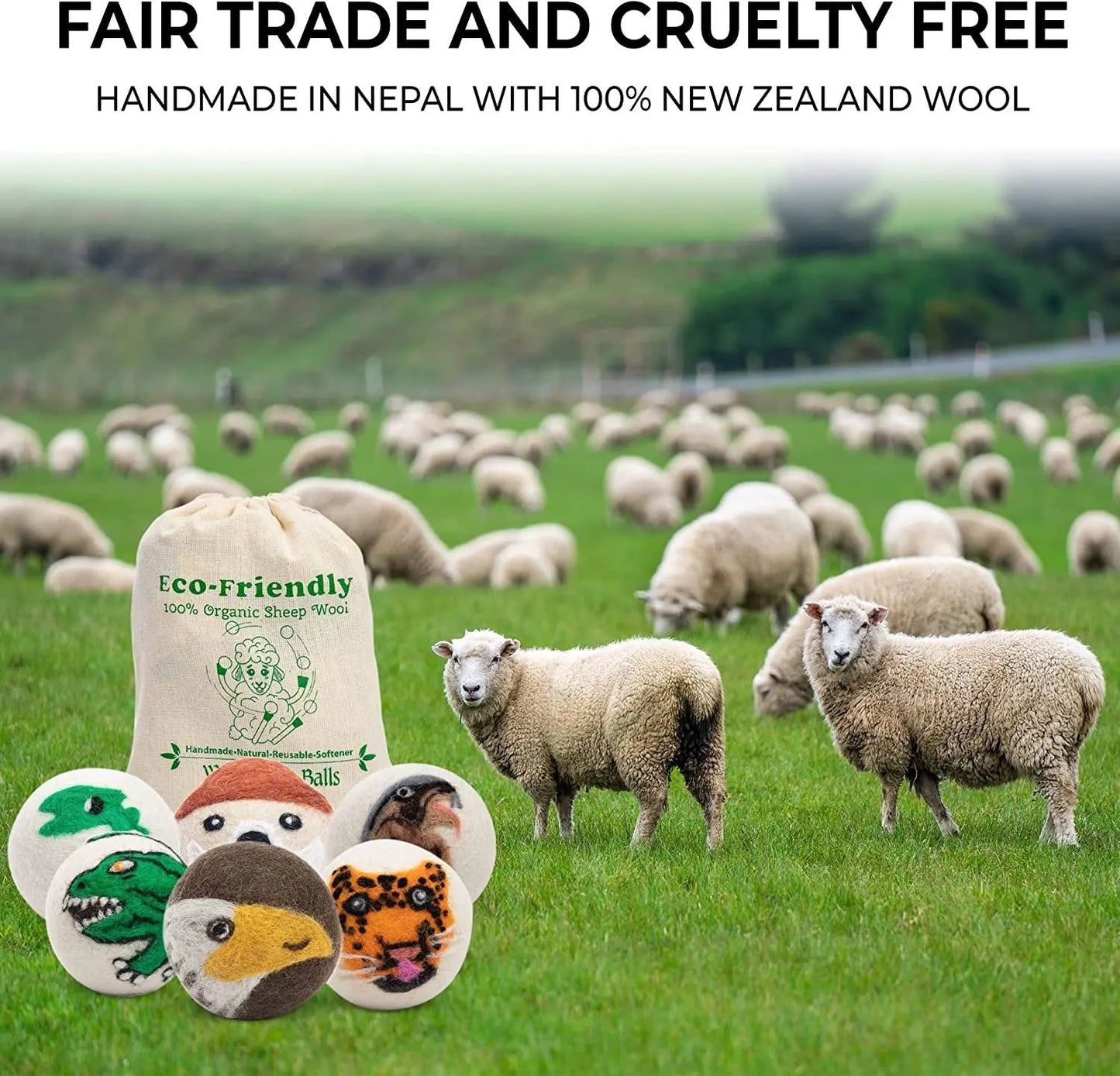 Woolygon Wool Dryer Balls - Animal Face Printed Reusable Organic Fabric Softener Balls, Handmade Fair Trade No Lint Extra Large Laundry Balls, Reduces Clothing Wrinkles Best for Cloth Drying - 6 Pack Woolygon