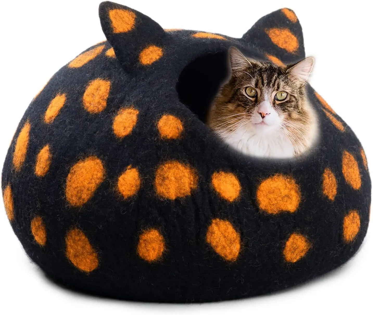 Woolygon Wool Cat Cave Bed - Handcrafted 100% Merino Wool, Eco-Friendly Felt Cat Cave for Indoor Cats and Kittens (Tabby Ears) Woolygon
