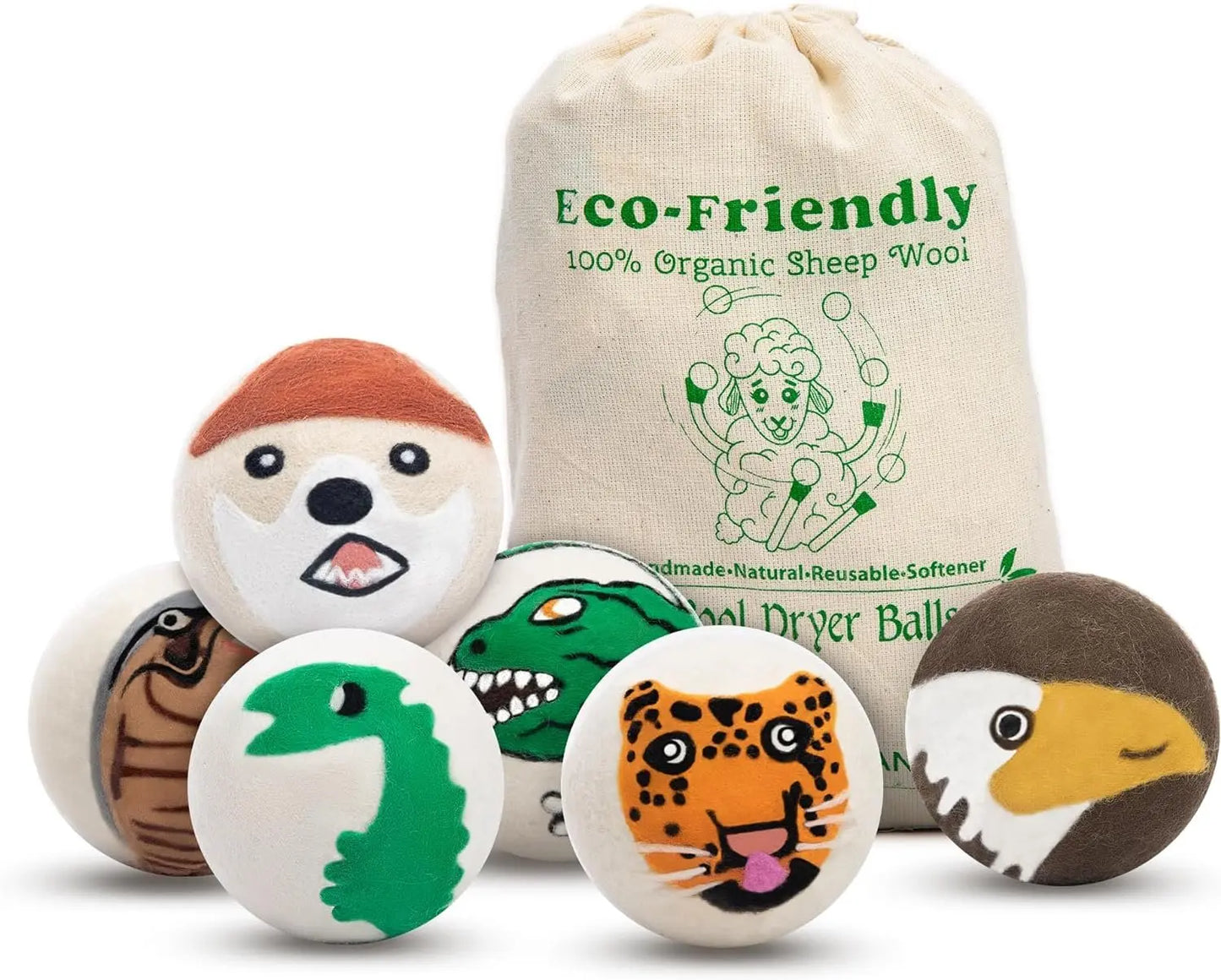 Woolygon Wool Dryer Balls - Animal Face Printed Reusable Organic Fabric Softener Balls, Handmade Fair Trade No Lint Extra Large Laundry Balls, Reduces Clothing Wrinkles Best for Cloth Drying - 6 Pack Woolygon