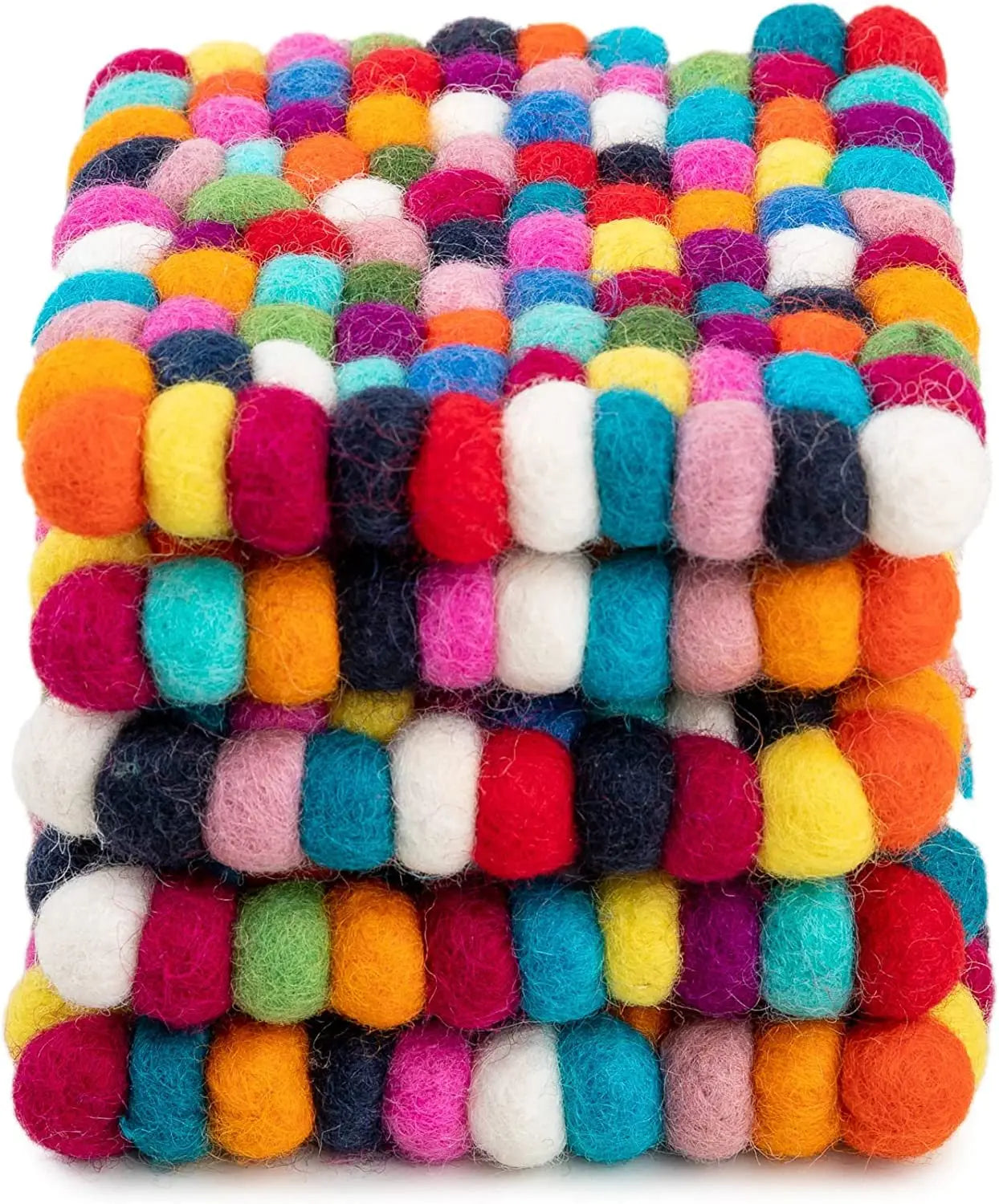 Square Felt Ball Coasters - 100% Merino Wool Table Coasters - Felt Coaster Pads, Absorbent Trivet for Drinks - Heat Resistant, Thick & Durable Hand Felted in Nepal by Woolygon- Multicolor - Set of 5 Woolygon