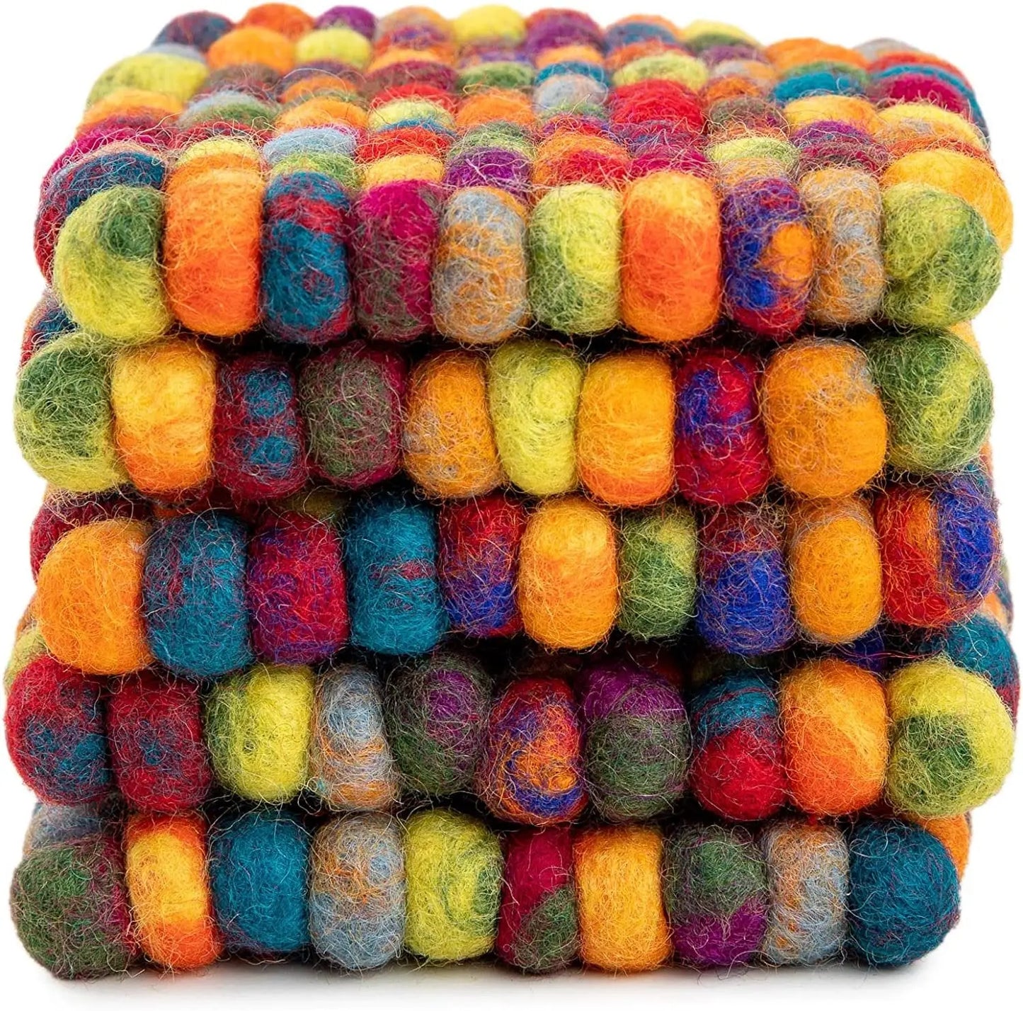 Square Felt Ball Coasters - 100% Merino Wool Table Coasters - Felt Coaster Pads, Absorbent Trivet for Drinks - Heat Resistant, Thick & Durable Hand Felted in Nepal by Woolygon- Multicolor - Set of 5 Woolygon