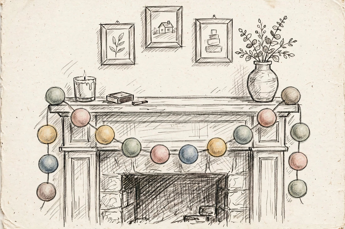 Hand-drawn pencil sketch of a felt ball garland draped over a fireplace mantel