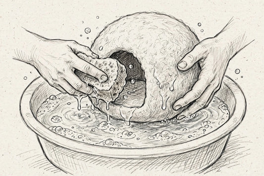 Hand-drawn pencil sketch of hands gently sponge-washing a wool felt cat cave in a basin