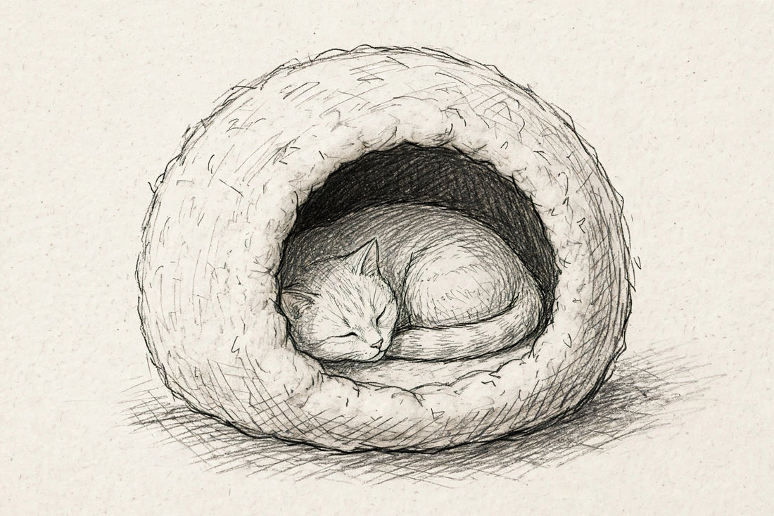 Hand-drawn pencil sketch of a cat curled up sleeping inside a round wool felt cat cave