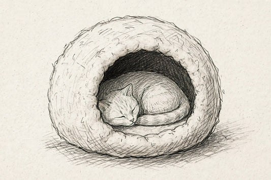 Hand-drawn pencil sketch of a cat curled up sleeping inside a round wool felt cat cave