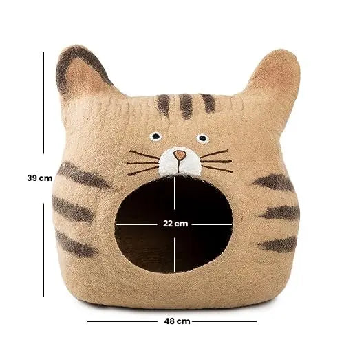 Tabby Cat Face Wool Felt Pet Cave | Handmade Striped Kitten Bed with Ears | Cozy Modern Indoor Cat House Woolygon