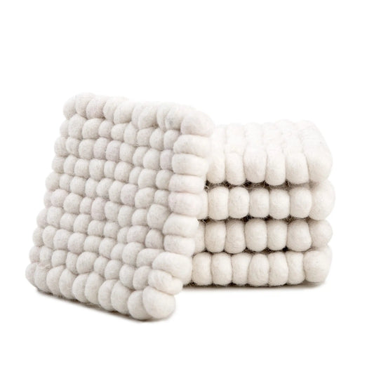 White Wool Felt Ball Square Coaster Set | Handmade Absorbent Drink Mats | Minimalist Scandinavian Table Decor Woolygon