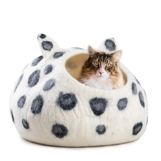 Dalmatian Spotted Wool Felt Cat Cave | Handmade Pet Bed with Ears | Modern Cozy Kitten House and Condo Woolygon