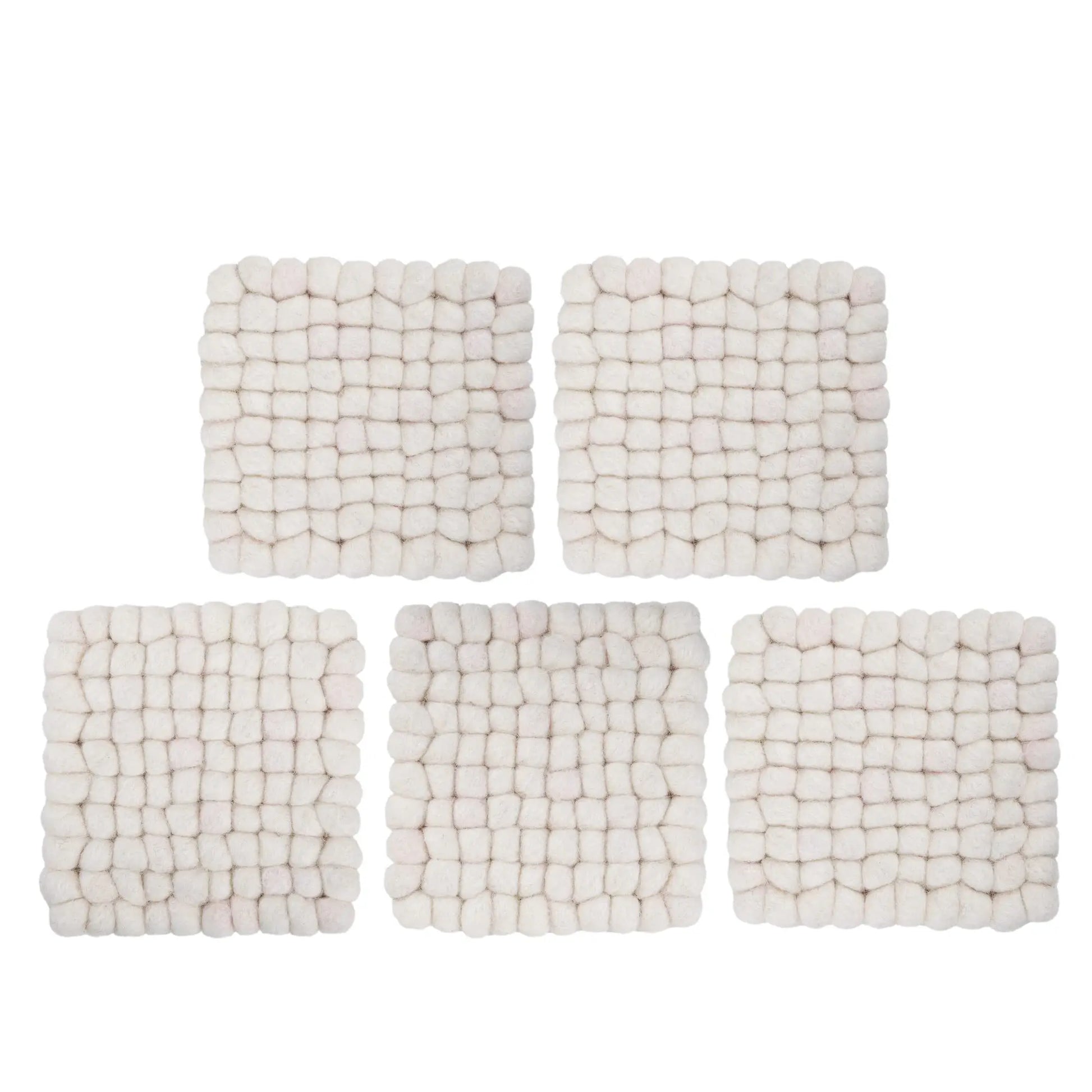 White Wool Felt Ball Square Coaster Set | Handmade Absorbent Drink Mats | Minimalist Scandinavian Table Decor Woolygon