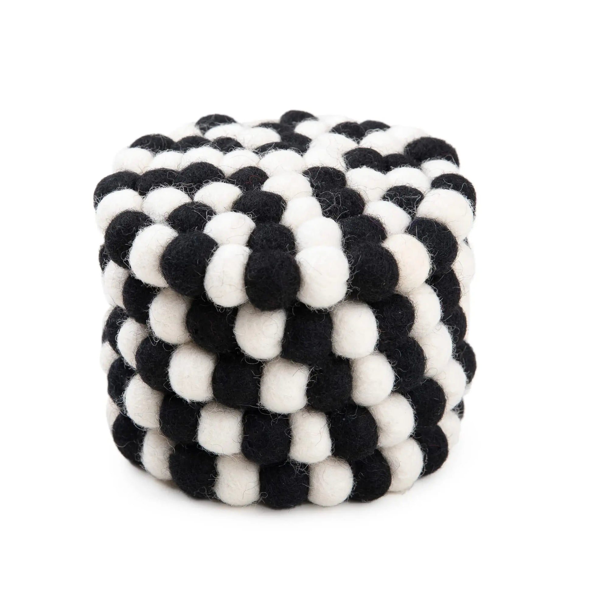 Black & White Felt Ball Coaster Set | Scandinavian Wool Hot Pad Coaster | Checkerboard Kitchen Table Decor Woolygon