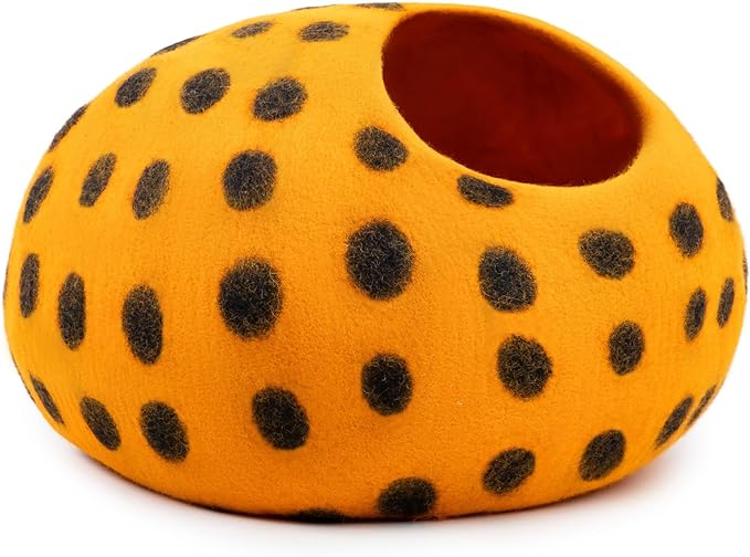 Playful Orange Polka Dot Wool Felt Cat Cave - Purrfect Hideaway