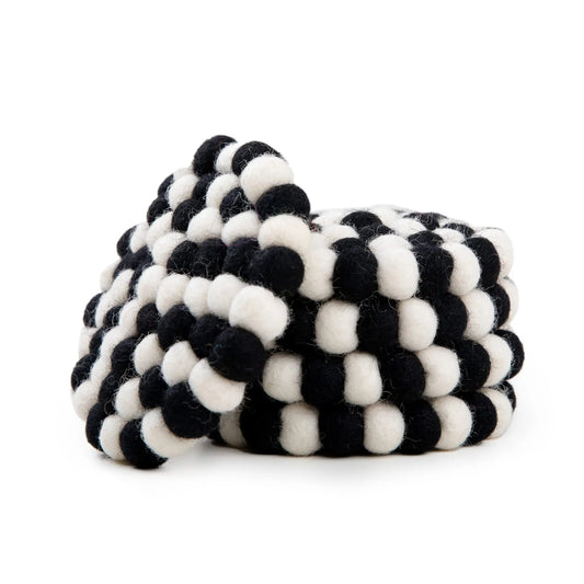 Black & White Felt Ball Coaster Set | Scandinavian Wool Hot Pad Coaster | Checkerboard Kitchen Table Decor Woolygon
