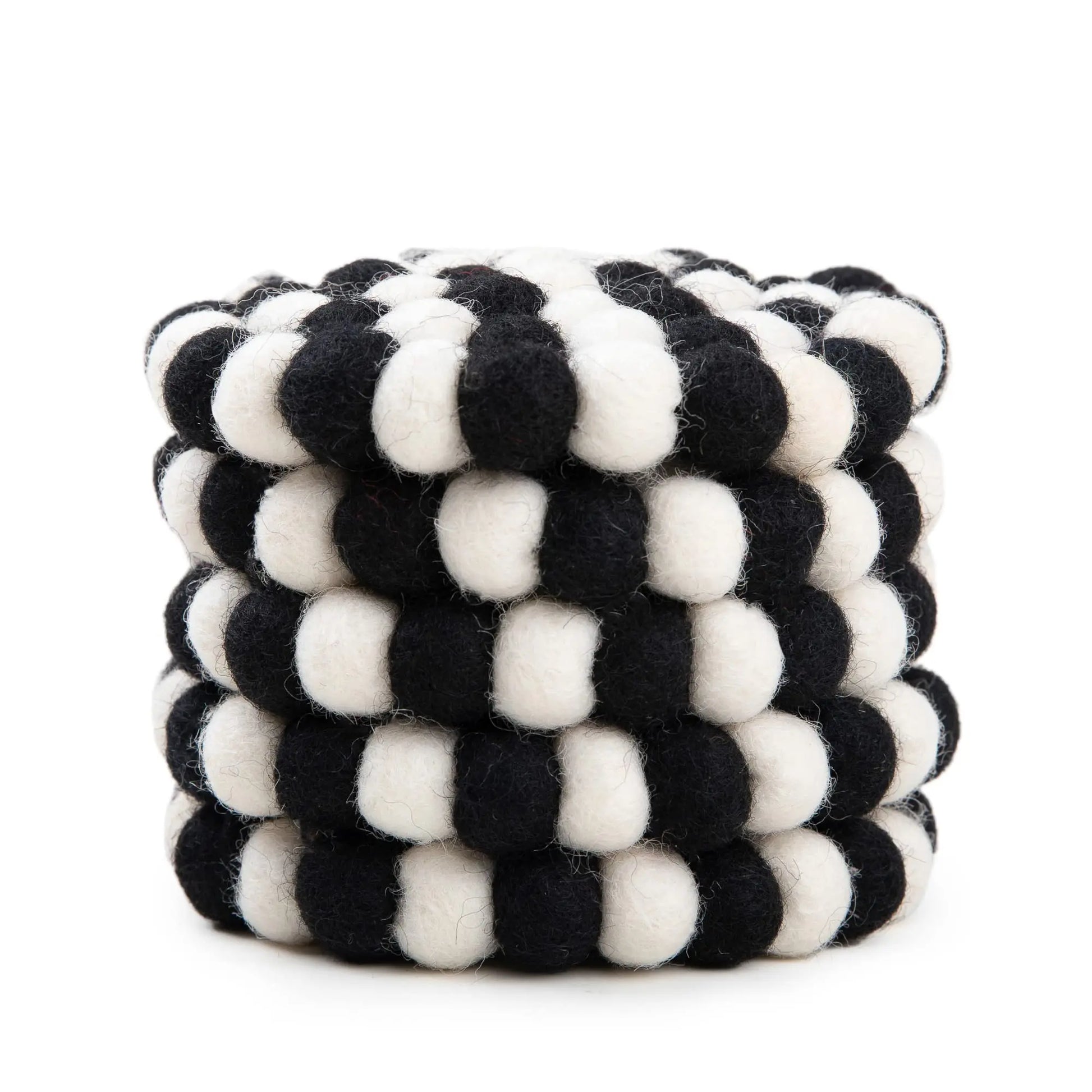 Black & White Felt Ball Coaster Set | Scandinavian Wool Hot Pad Coaster | Checkerboard Kitchen Table Decor Woolygon