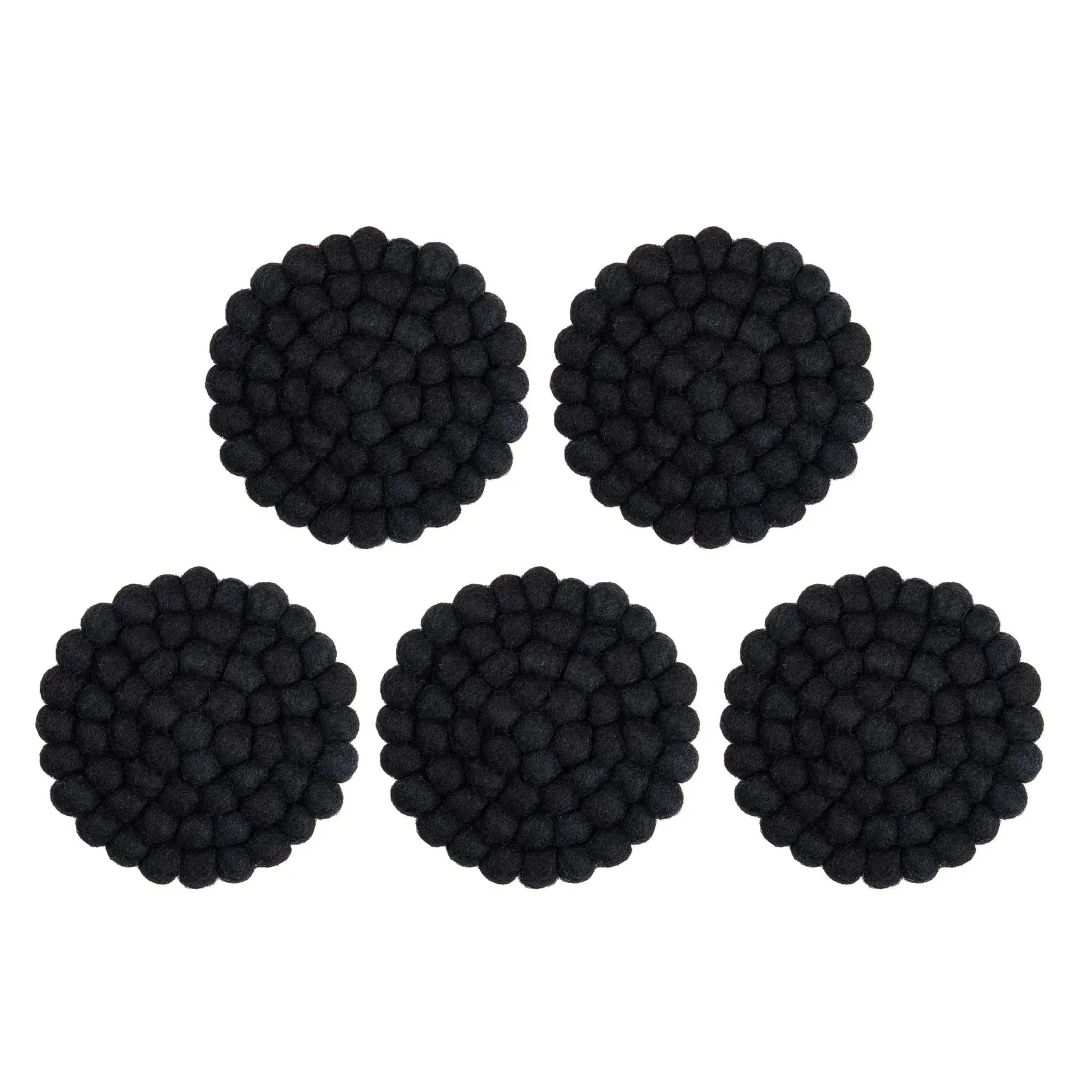 Black Wool Felt Ball Coaster Set | Modern Minimalist Drink Mat | Absorbent Table Protection & Decor Woolygon