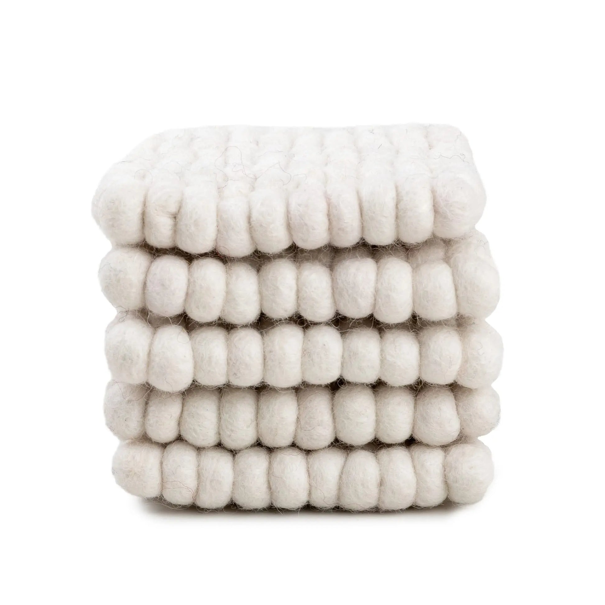 White Wool Felt Ball Square Coaster Set | Handmade Absorbent Drink Mats | Minimalist Scandinavian Table Decor Woolygon