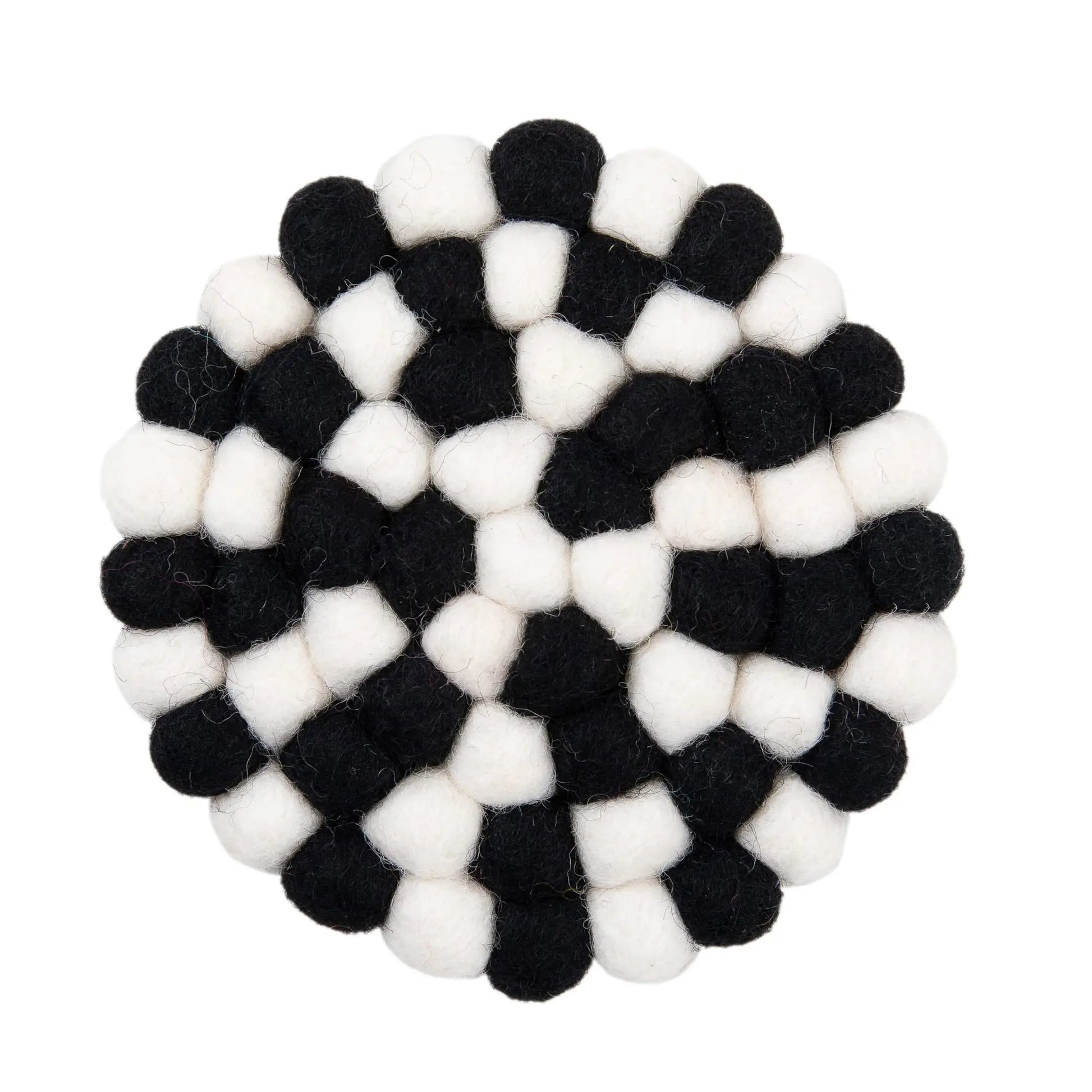 Black & White Felt Ball Coaster Set | Scandinavian Wool Hot Pad Coaster | Checkerboard Kitchen Table Decor Woolygon