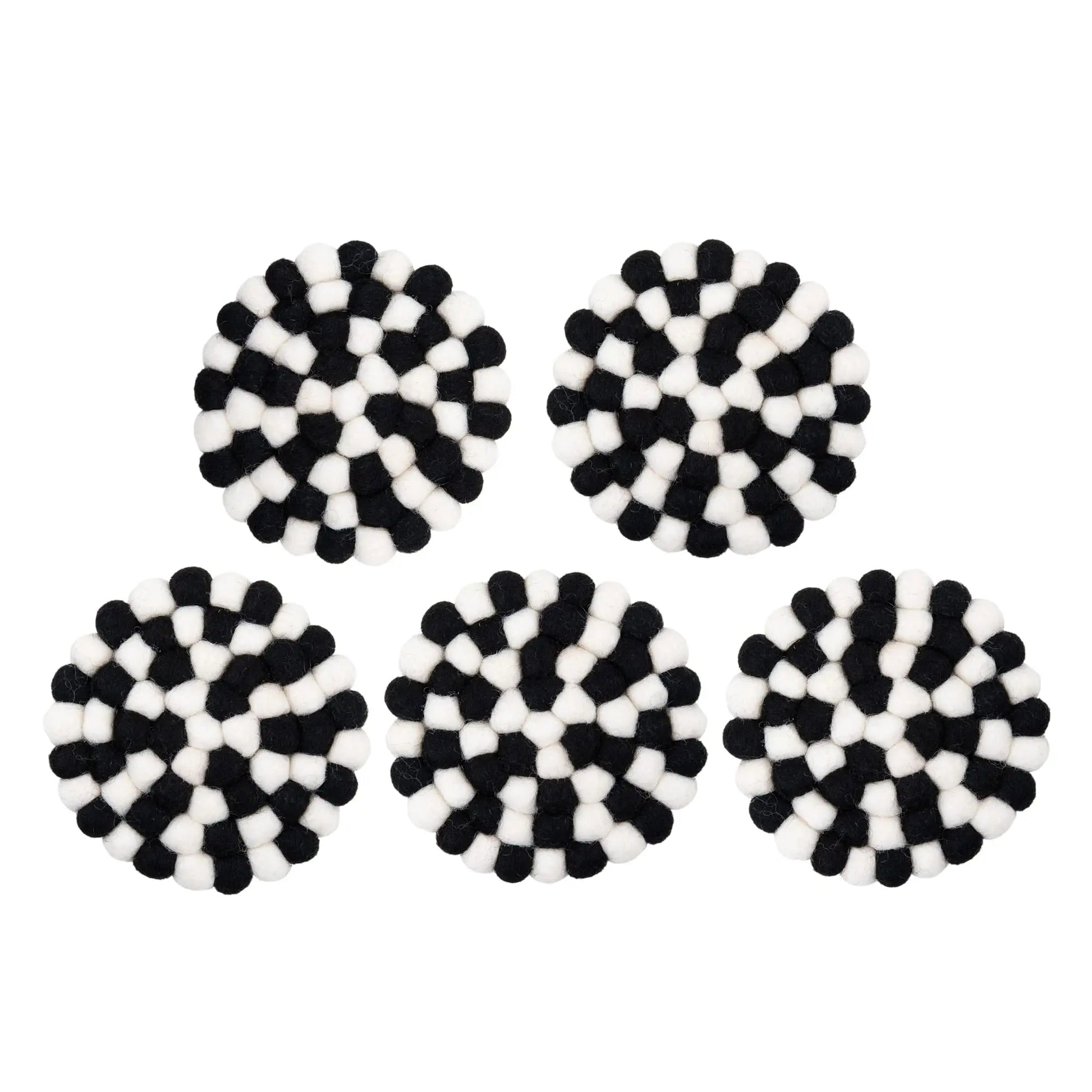 Black & White Felt Ball Coaster Set | Scandinavian Wool Hot Pad Coaster | Checkerboard Kitchen Table Decor Woolygon