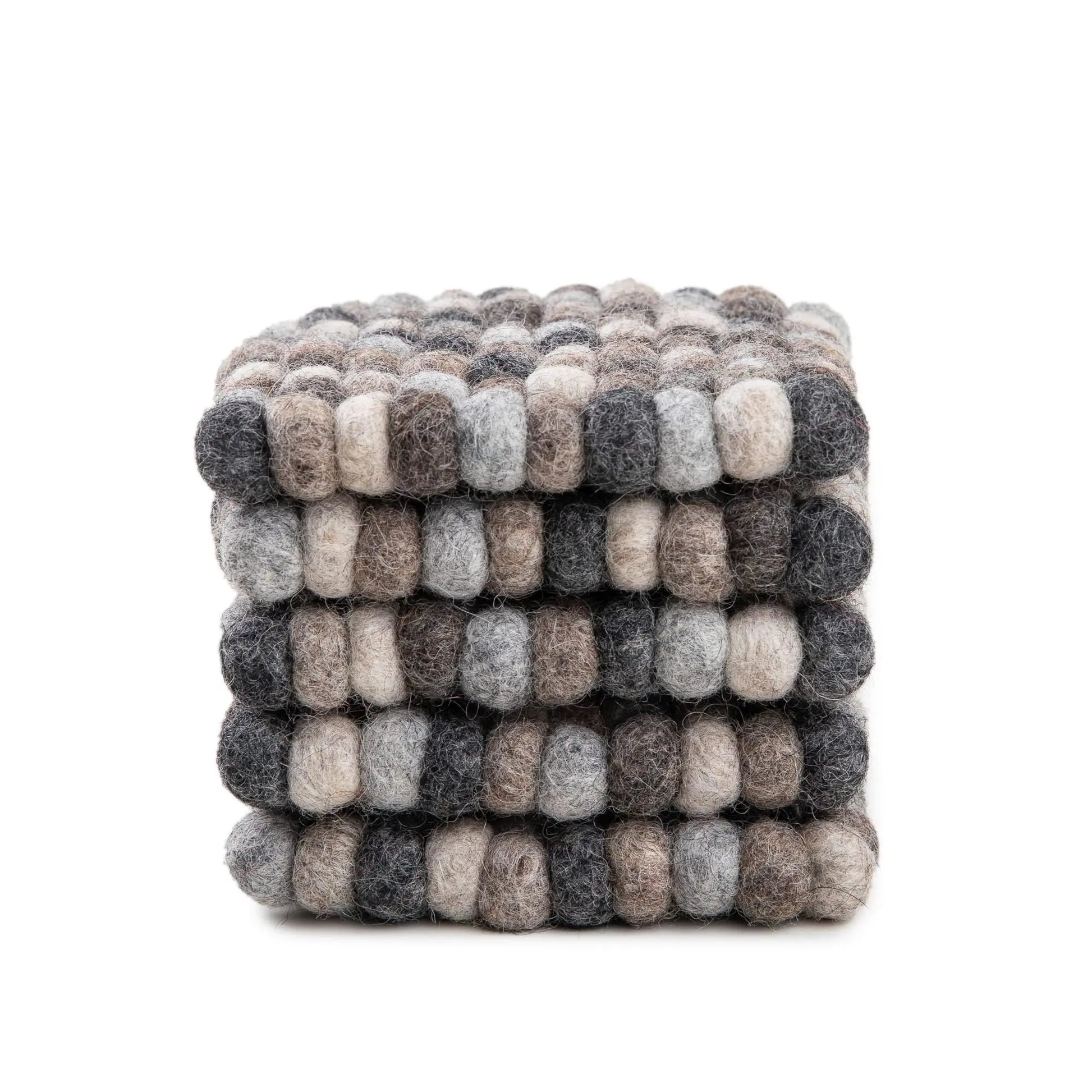 Natural Tones Wool Felt Ball Coaster Set | Handmade Neutral Gray Brown Drink Mats | Eco-Friendly Rustic Farmhouse Table Decor Woolygon