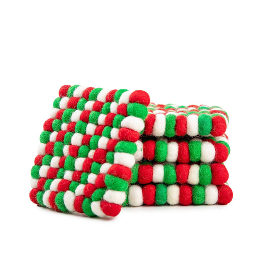 Christmas Wool Felt Ball Square Coasters | Red Green White Holiday Drink Mats | Checkerboard Festive Table Decor Gift Woolygon