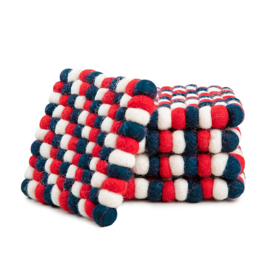 Square Felt Ball Coasters - 100% Merino Wool Table Coasters - Felt Coaster Pads, Absorbent Trivet for Drinks - Heat Resistant, Thick & Durable Hand Felted in Nepal by Woolygon- Multicolor - Set of 5 Woolygon