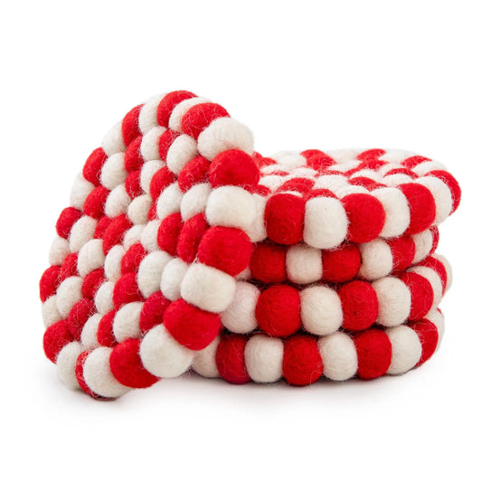 Red & White Felt Ball Round Coasters | Handmade Wool Drink Mats | Vibrant Holiday Candy Cane Table Decor Woolygon