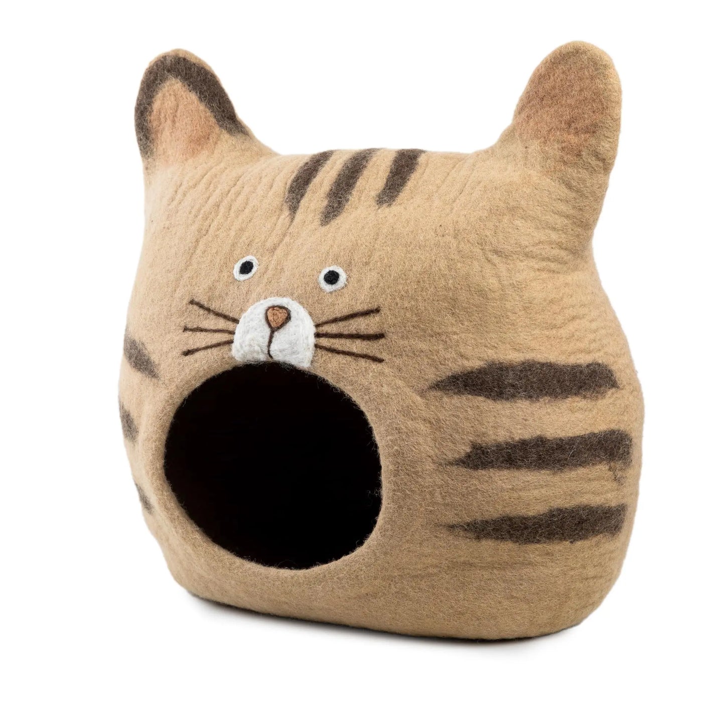 Tabby Cat Face Wool Felt Pet Cave | Handmade Striped Kitten Bed with Ears | Cozy Modern Indoor Cat House Woolygon