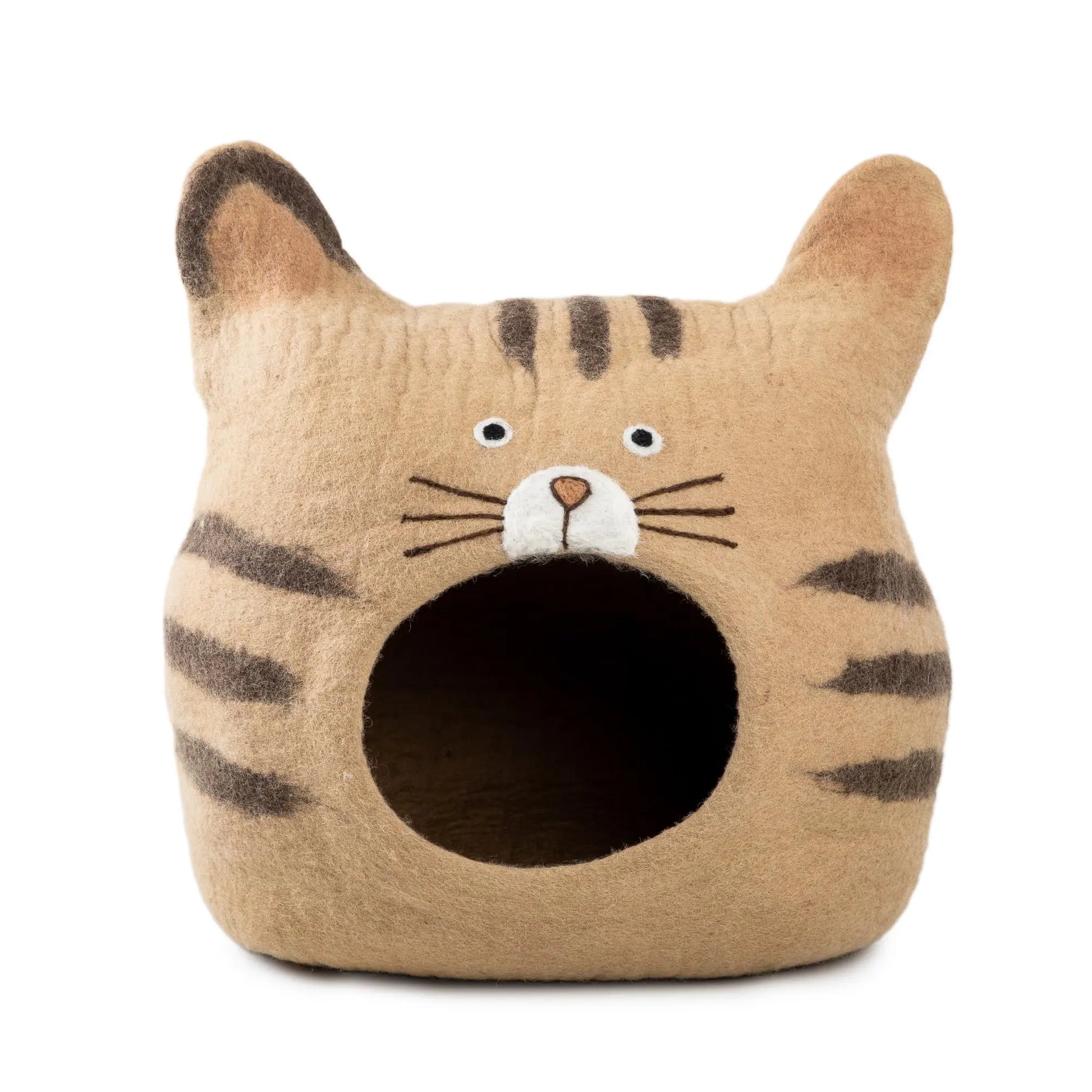 Tabby Cat Face Wool Felt Pet Cave | Handmade Striped Kitten Bed with Ears | Cozy Modern Indoor Cat House Woolygon