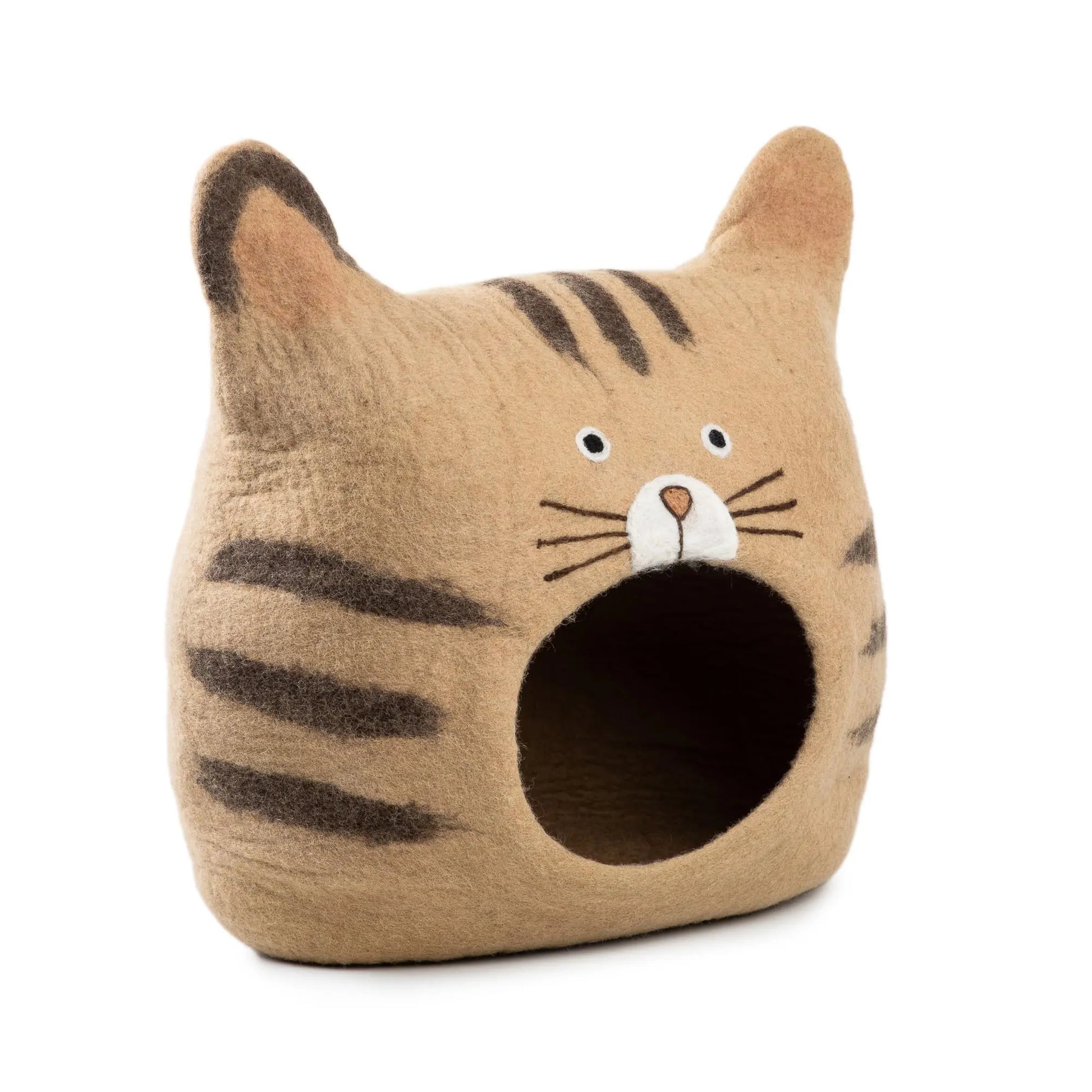 Tabby Cat Face Wool Felt Pet Cave | Handmade Striped Kitten Bed with Ears | Cozy Modern Indoor Cat House Woolygon