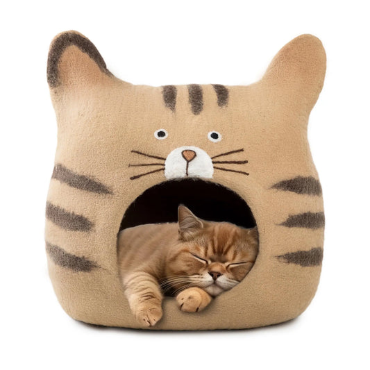 Tabby Cat Face Wool Felt Pet Cave | Handmade Striped Kitten Bed with Ears | Cozy Modern Indoor Cat House Woolygon