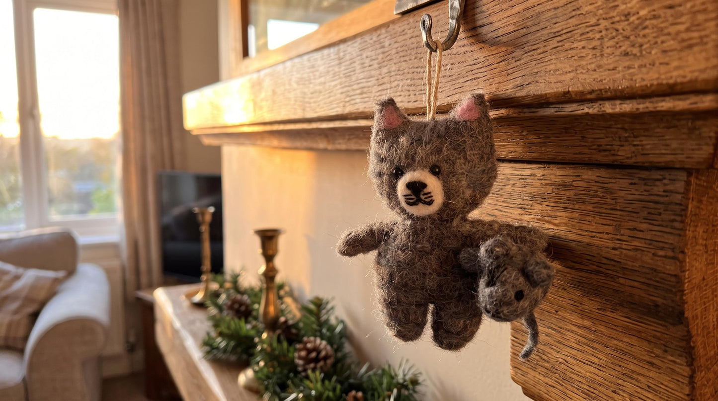 Hand Felted Tabby Cat Christmas Ornament Holding Gray Mouse