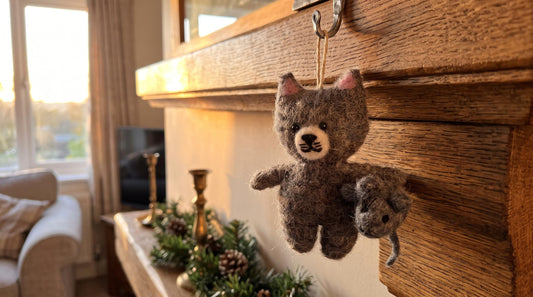 Hand Felted Tabby Cat Christmas Ornament Holding Gray Mouse