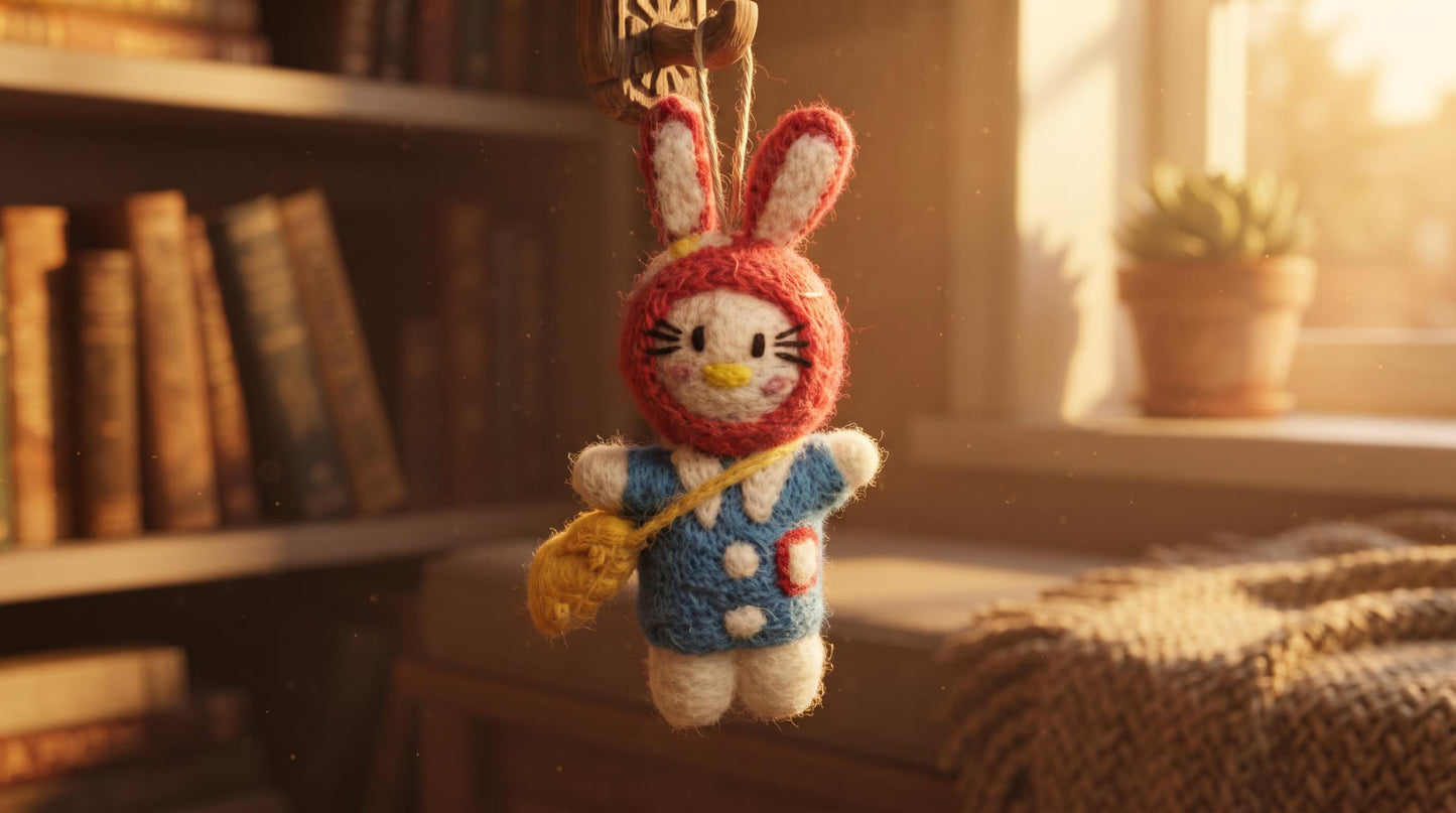 Hand Felted Bunny Christmas Ornament with Red Hood & Blue Dress