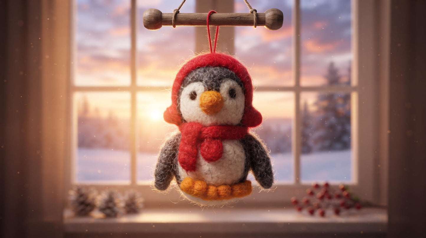Handmade Felt Penguin Christmas Ornament with Red Earmuffs