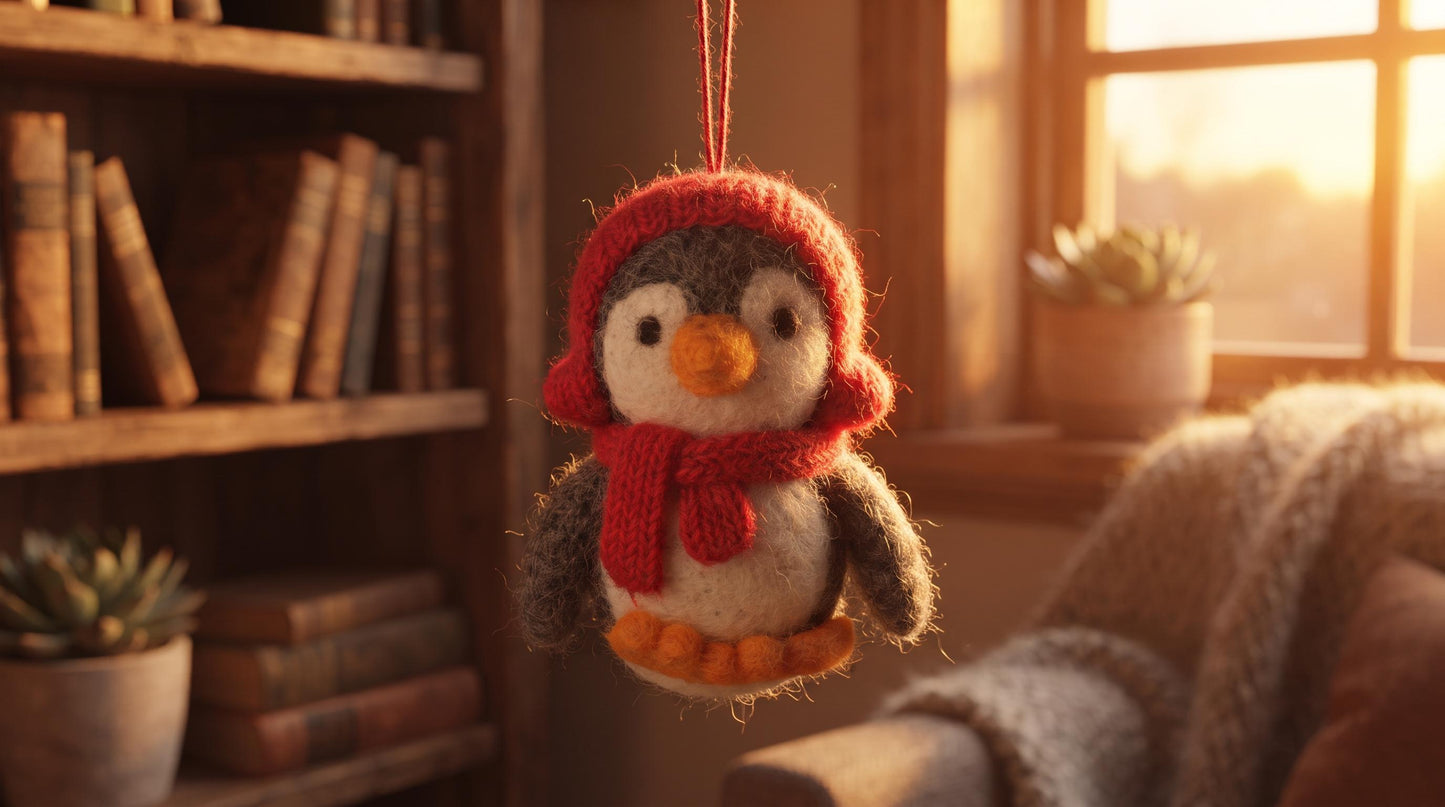 Handmade Felt Penguin Christmas Ornament with Red Earmuffs