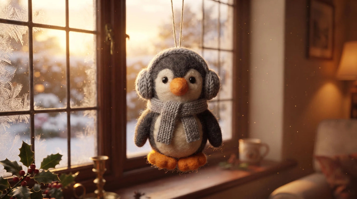 Handmade Felt Penguin Christmas Ornament with Gray Earmuffs