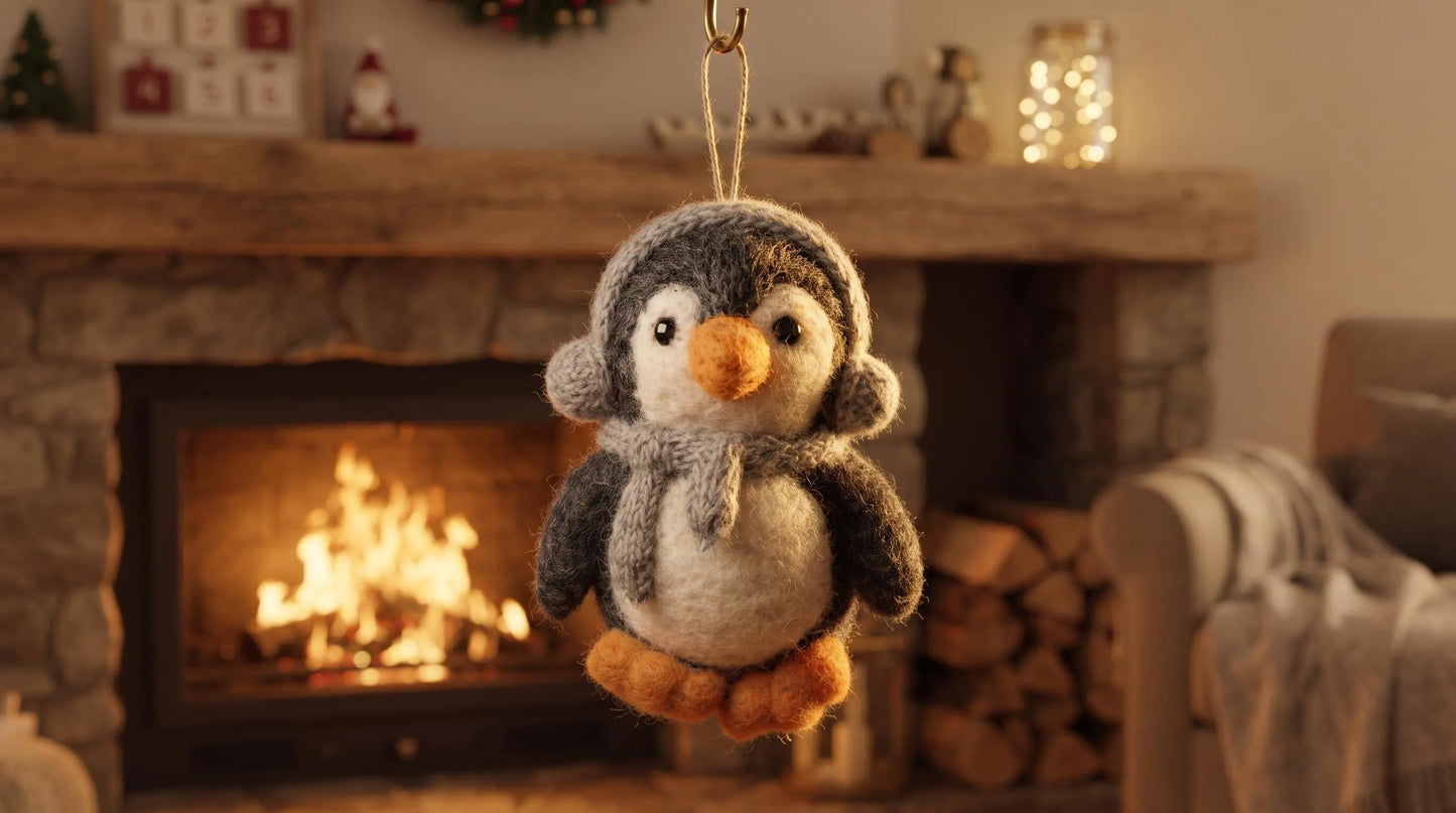 Handmade Felt Penguin Christmas Ornament with Gray Earmuffs