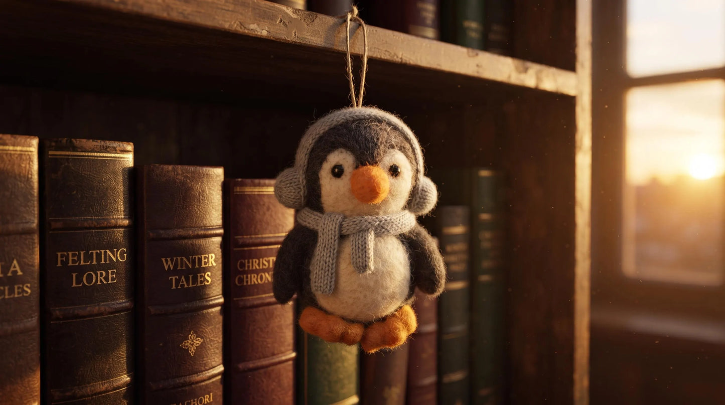 Handmade Felt Penguin Christmas Ornament with Gray Earmuffs