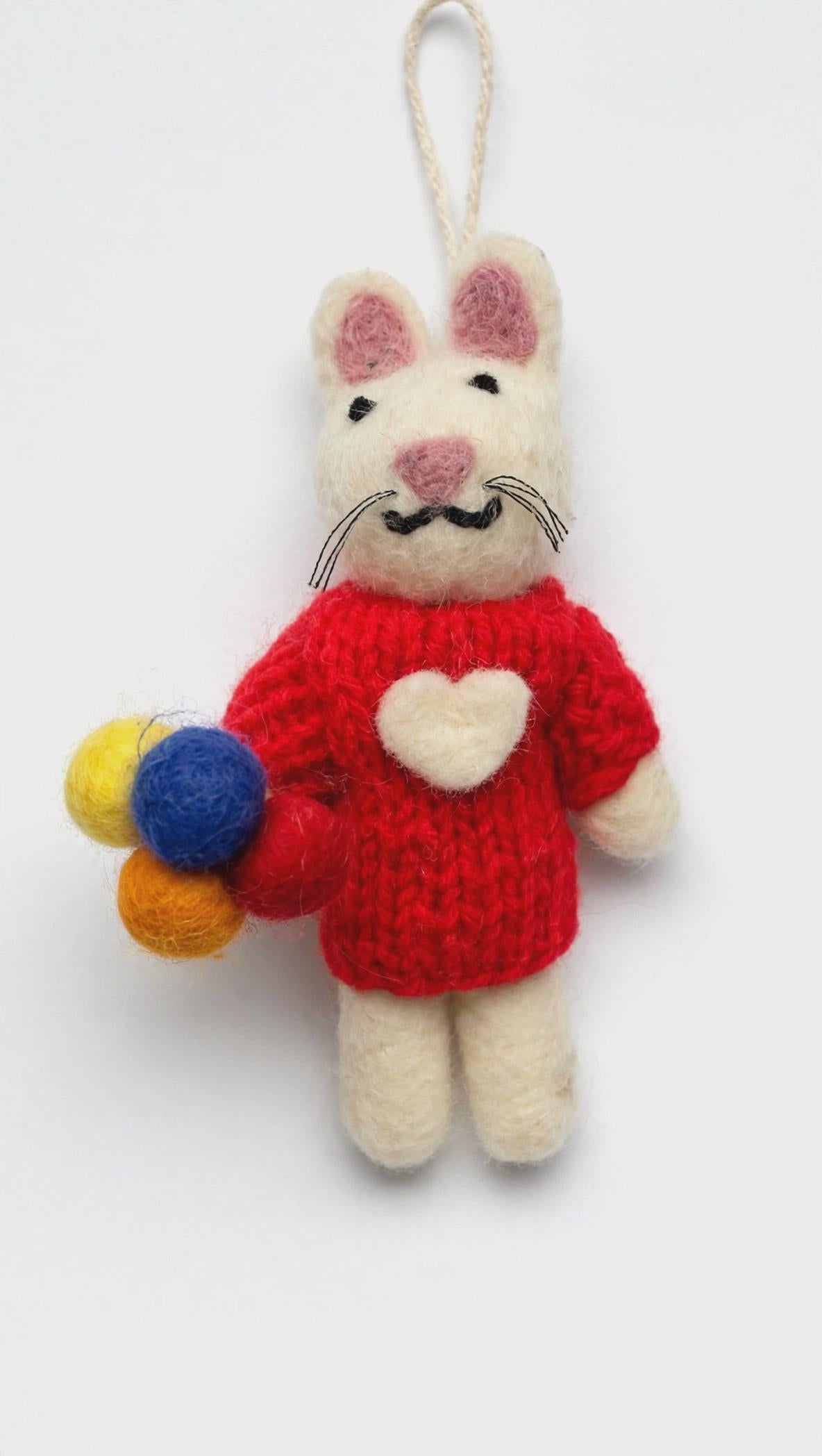 Hand Felted Mouse Ornament – Red Heart Sweater & Wool Pom-Poms