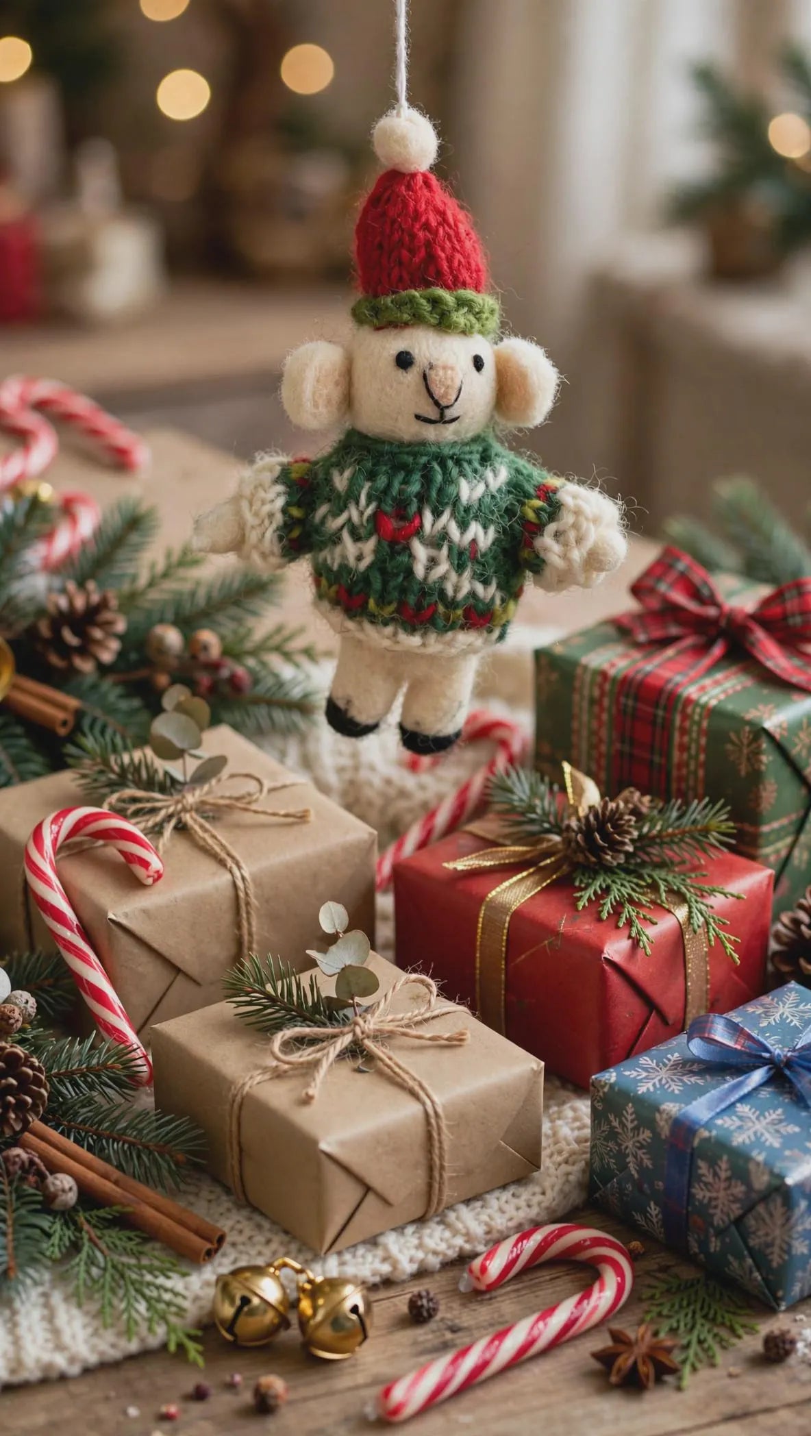 Hand Felted Mouse Christmas Ornament – Red Hat & Green Sweater