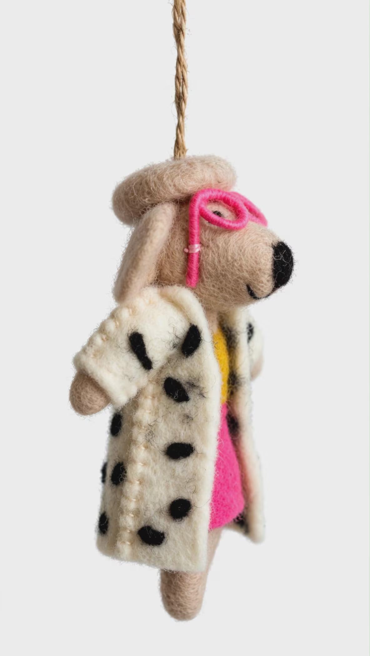 Hand-Felted Dog Ornament with Pink Glasses & Spotted Coat – Christmas Tree Decoration