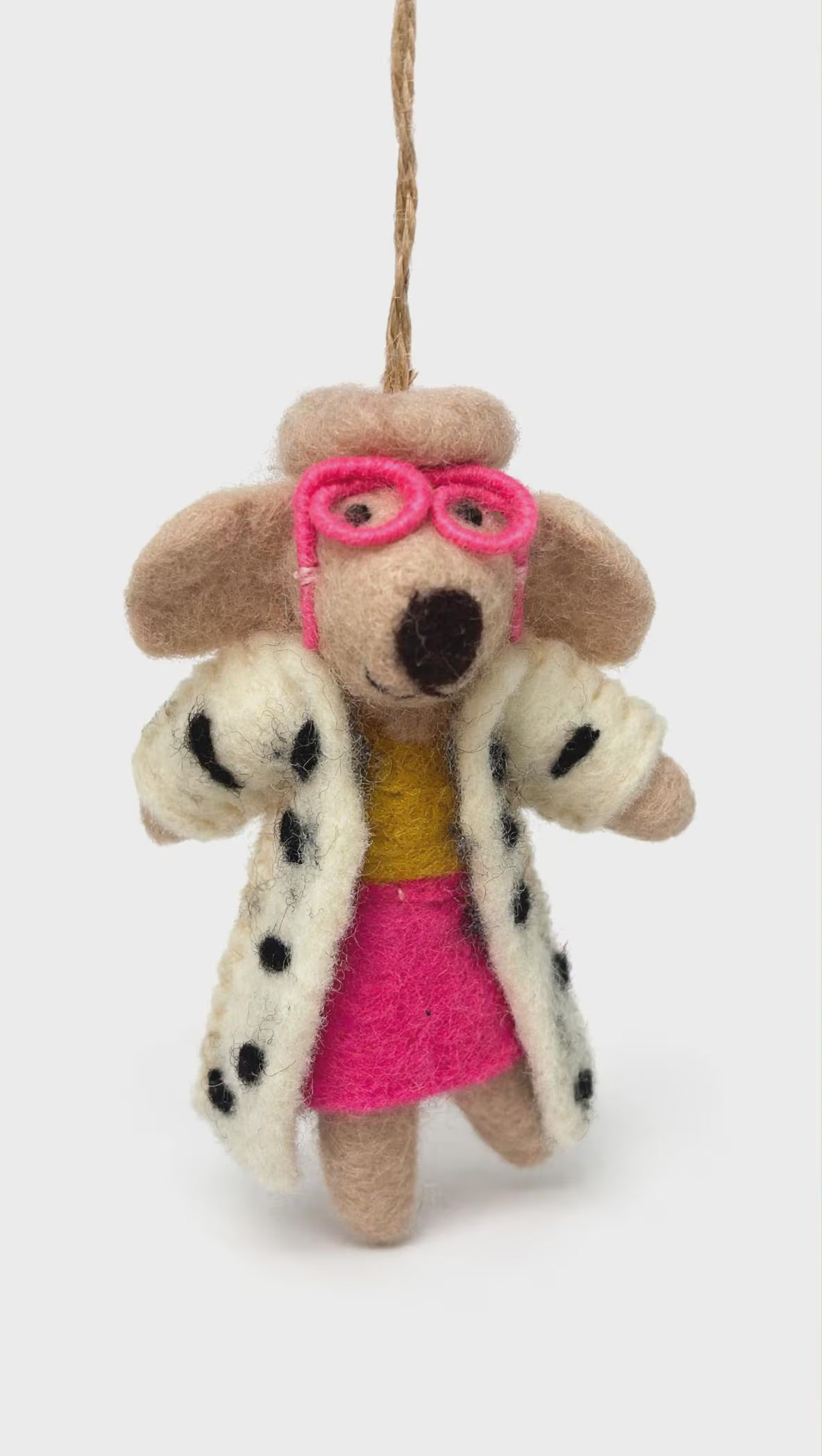 Hand-Felted Dog Ornament with Pink Glasses & Spotted Coat – Christmas Tree Decoration