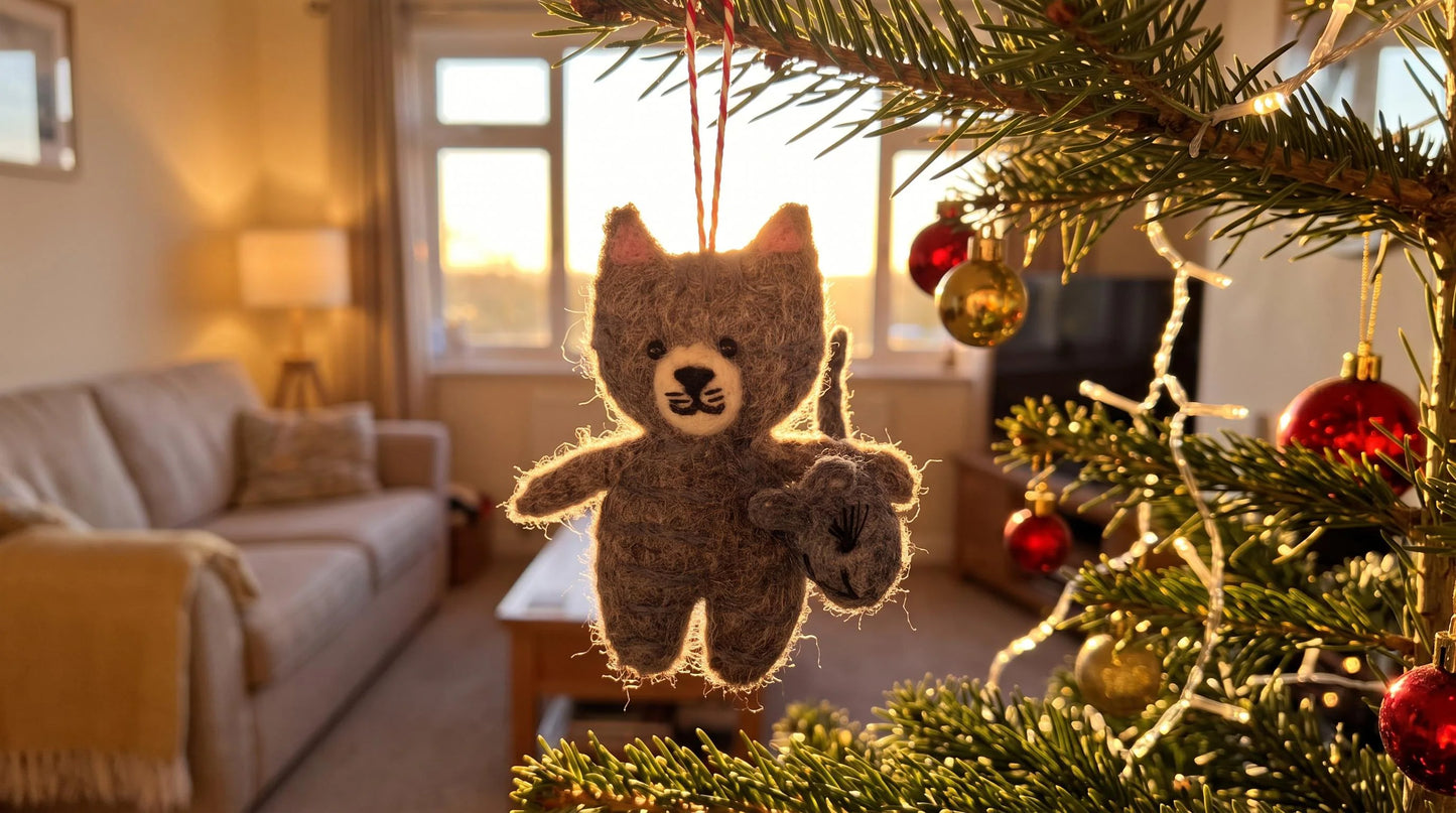 Hand Felted Tabby Cat Christmas Ornament Holding Gray Mouse